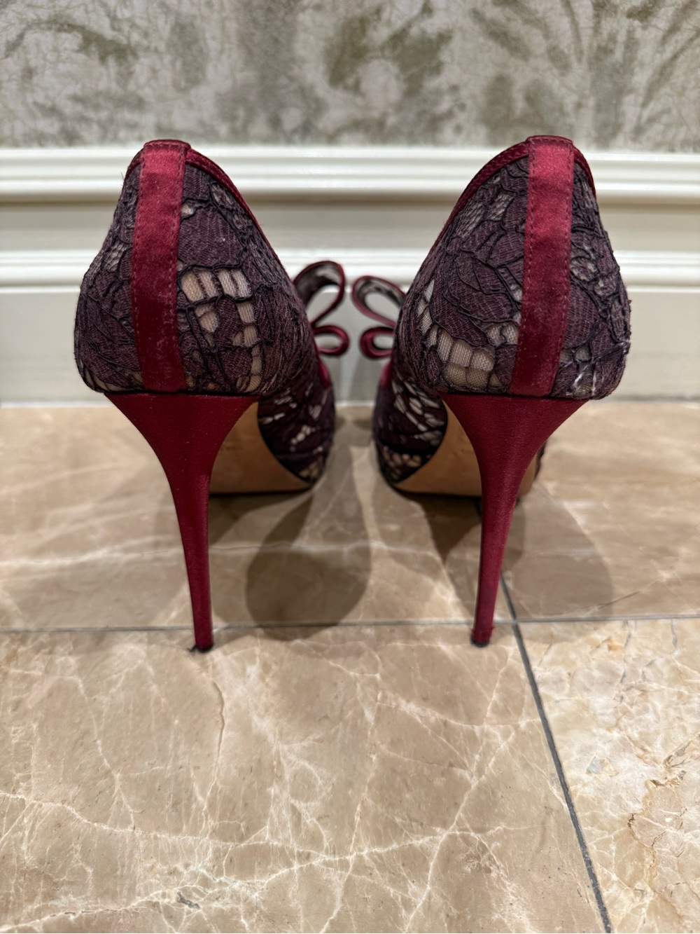Valentino Burgundy and Black Lace Peep-Toe Bow Pumps - Picture 4 of 8